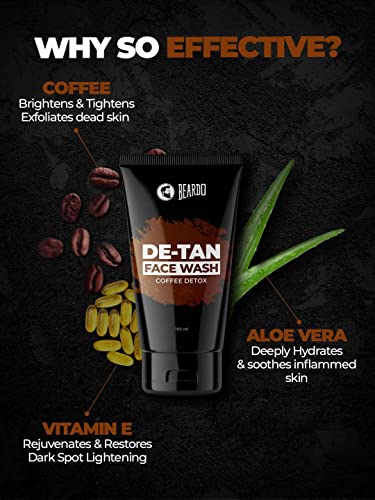 Beardo DeTan Face Wash for Men | With Vitamin E, Aloe Vera & Coffee | All in One Tan removal Face Wash for Men | Exfoliates, Brightens and Hydrates Skin | All Skin type | 100ml